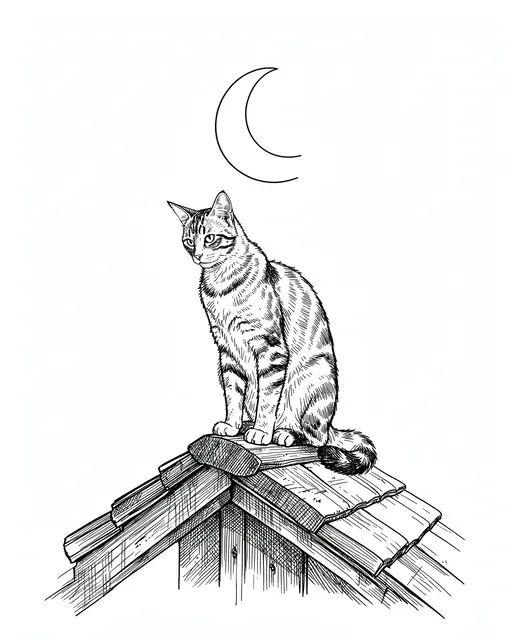 Pen and ink drawing of a tabby cat sitting on a rooftop ridge beneath a crescent moon on white paper