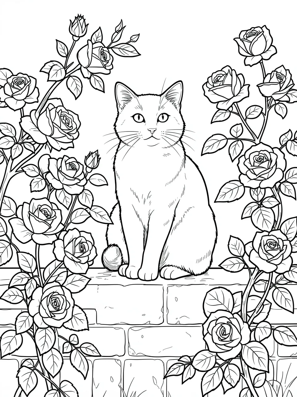 Black and white line art coloring page of a cat sitting on a brick garden wall framed by climbing roses