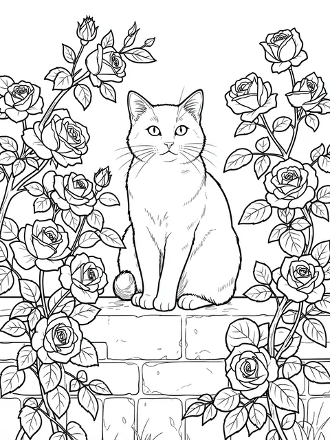 Black and white line art coloring page of a cat sitting on a brick garden wall framed by climbing roses