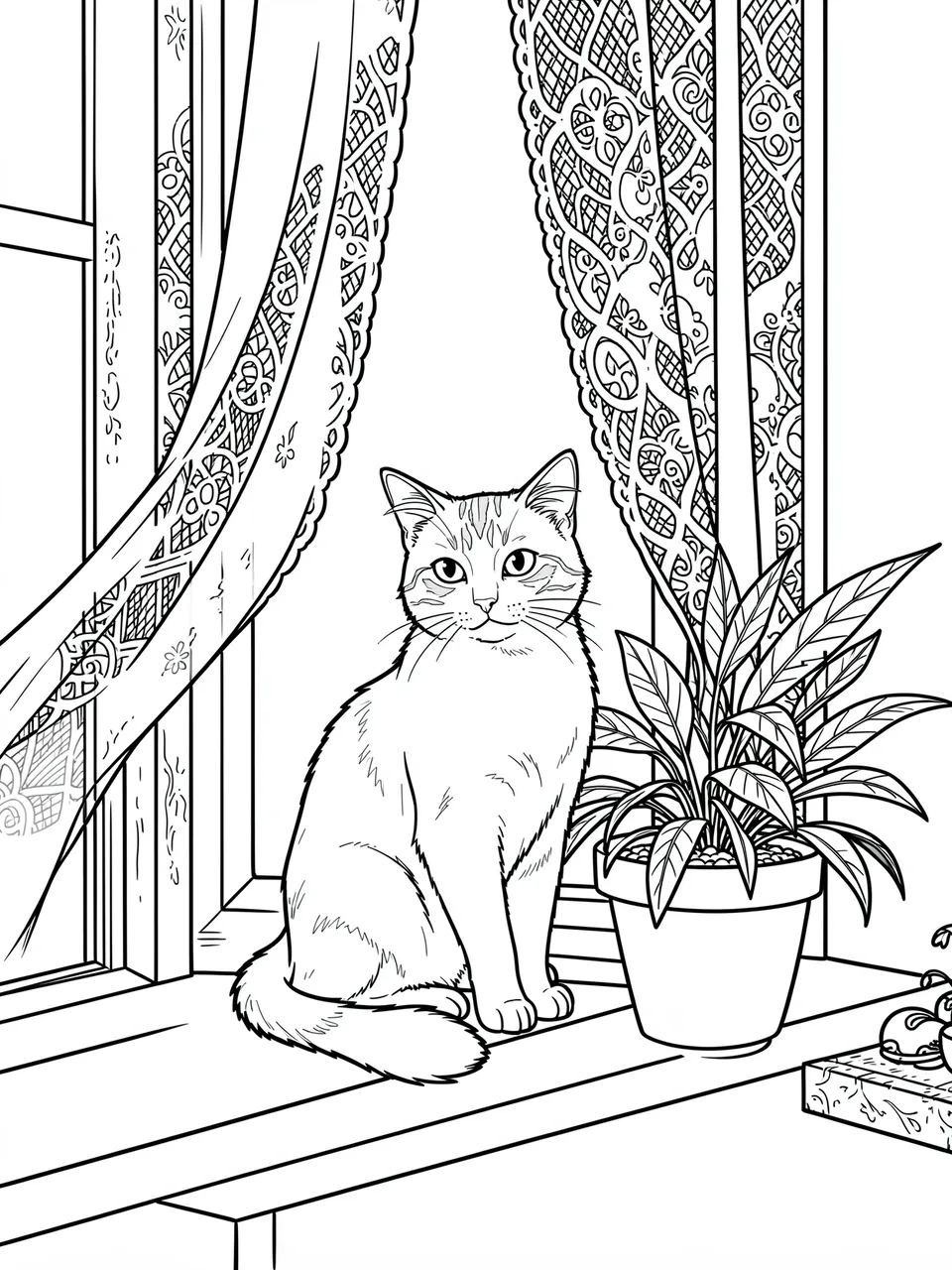 Black and white line art of a cat sitting on a windowsill next to a potted plant and lace curtains