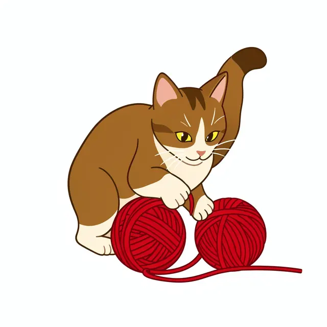 A brown and white tabby cat playing with two balls of red yarn on a plain white background
