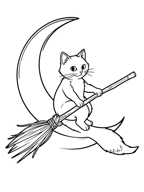 Simple black and white line art of a friendly cat sitting on a broomstick next to a crescent moon