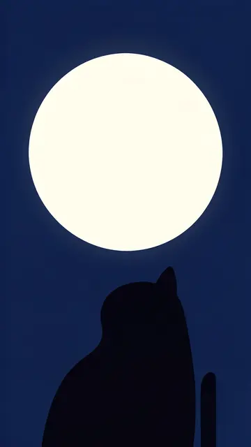 A black cat silhouette gazes upward at a glowing full moon against a dark navy night sky