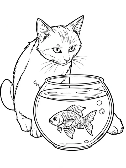 Black and white line art of a cat sitting beside a round fish bowl watching a goldfish inside