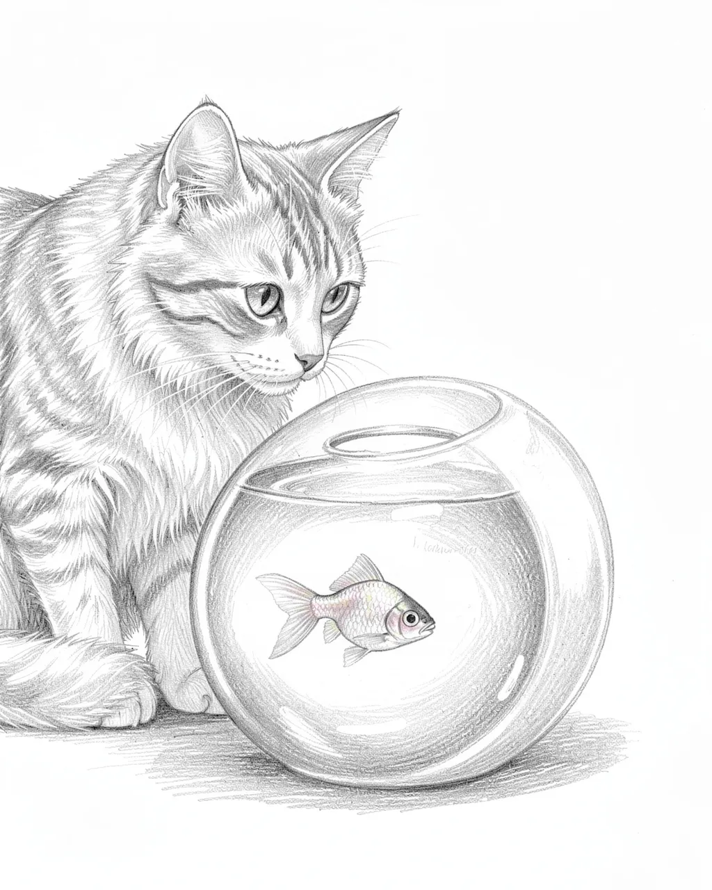 Graphite sketch of a fluffy cat intently watching a goldfish inside a round glass bowl