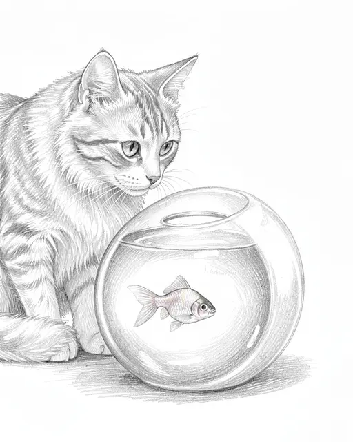 Graphite sketch of a fluffy cat intently watching a goldfish inside a round glass bowl