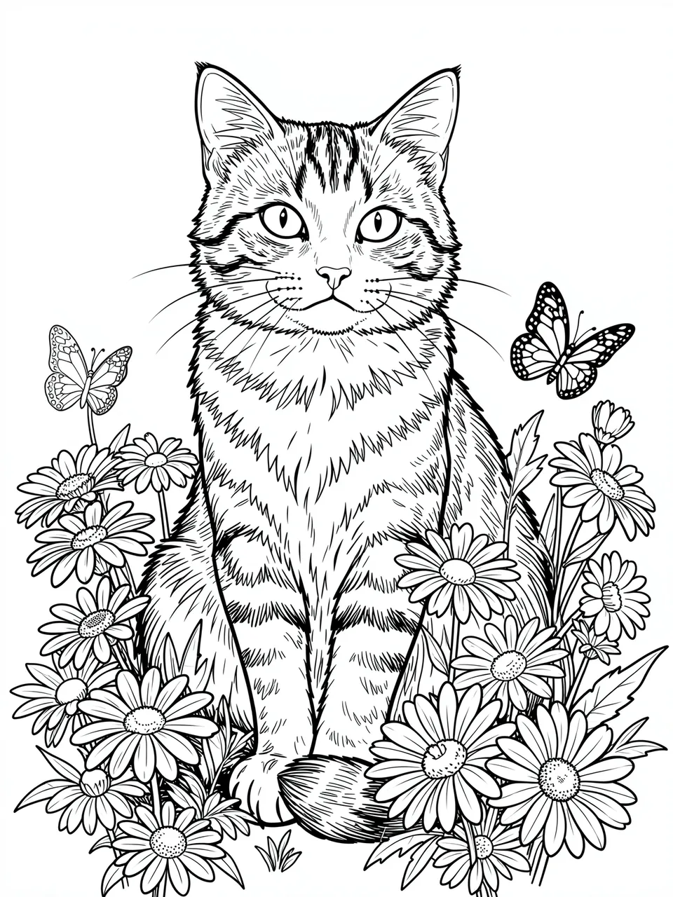 Intricate black and white line art of a sitting tabby cat surrounded by daisies and butterflies on a plain white background