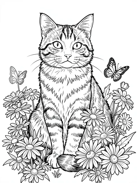 Intricate black and white line art of a sitting tabby cat surrounded by daisies and butterflies on a plain white background