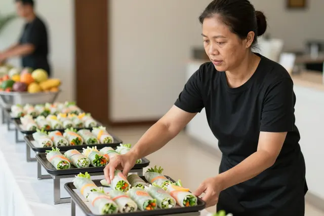 Mature Southeast Asian caterer arranging fresh spring roll trays on an indoor buffet table