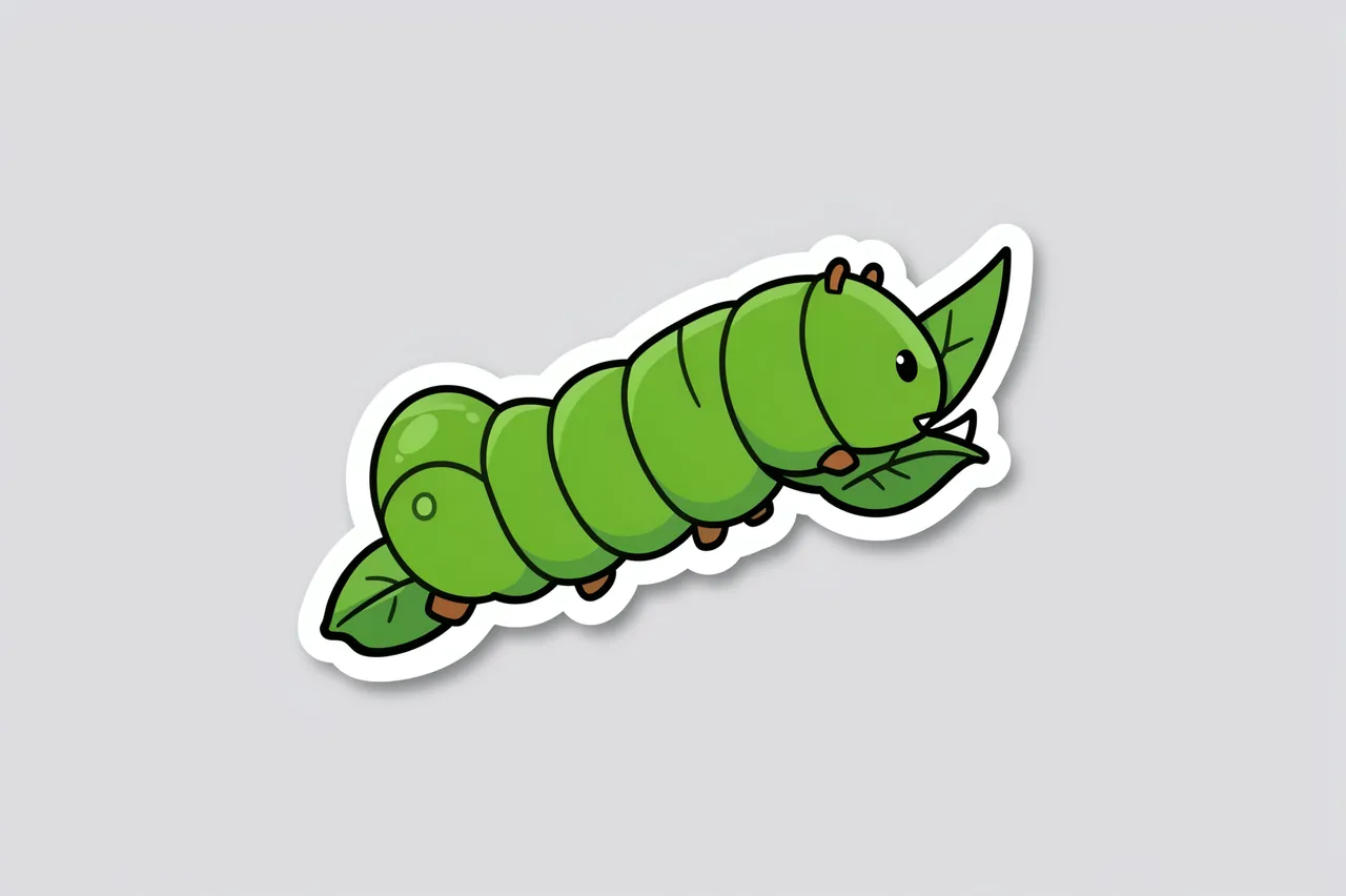 A cute die-cut sticker illustration of a green caterpillar munching leaves on a light gray background