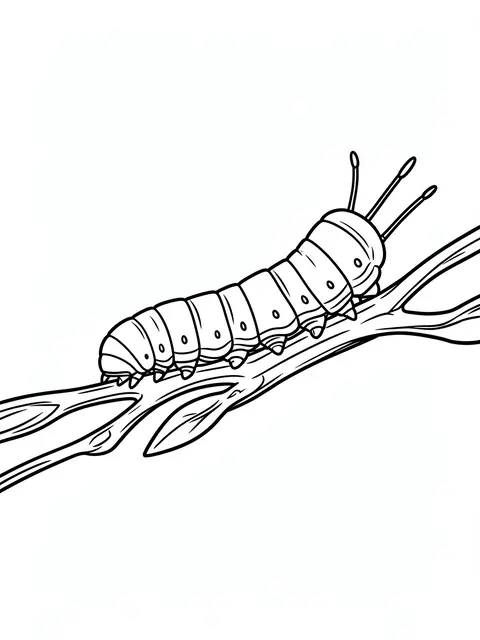 Bold black line art of a caterpillar inching along a thin leafy twig on a plain white background