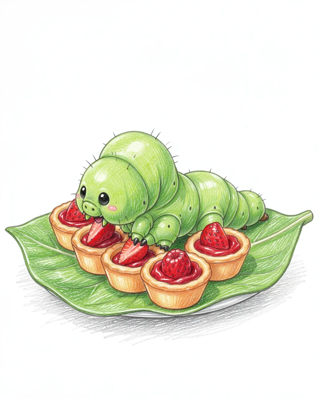 Colored pencil drawing of a cute green caterpillar sampling tiny strawberry tarts on a leaf plate