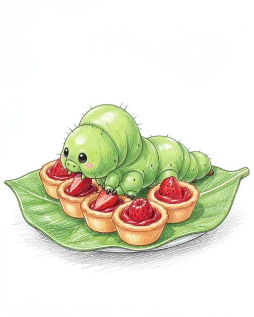 Colored pencil drawing of a cute green caterpillar sampling tiny strawberry tarts on a leaf plate