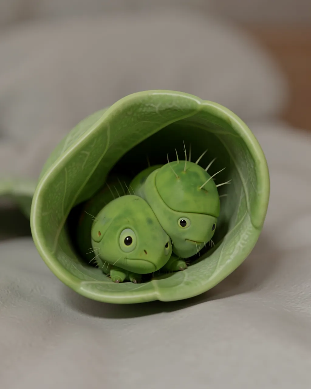 Two cute green cartoon caterpillars rest snuggled inside a curled green leaf blanket against a soft blurred background