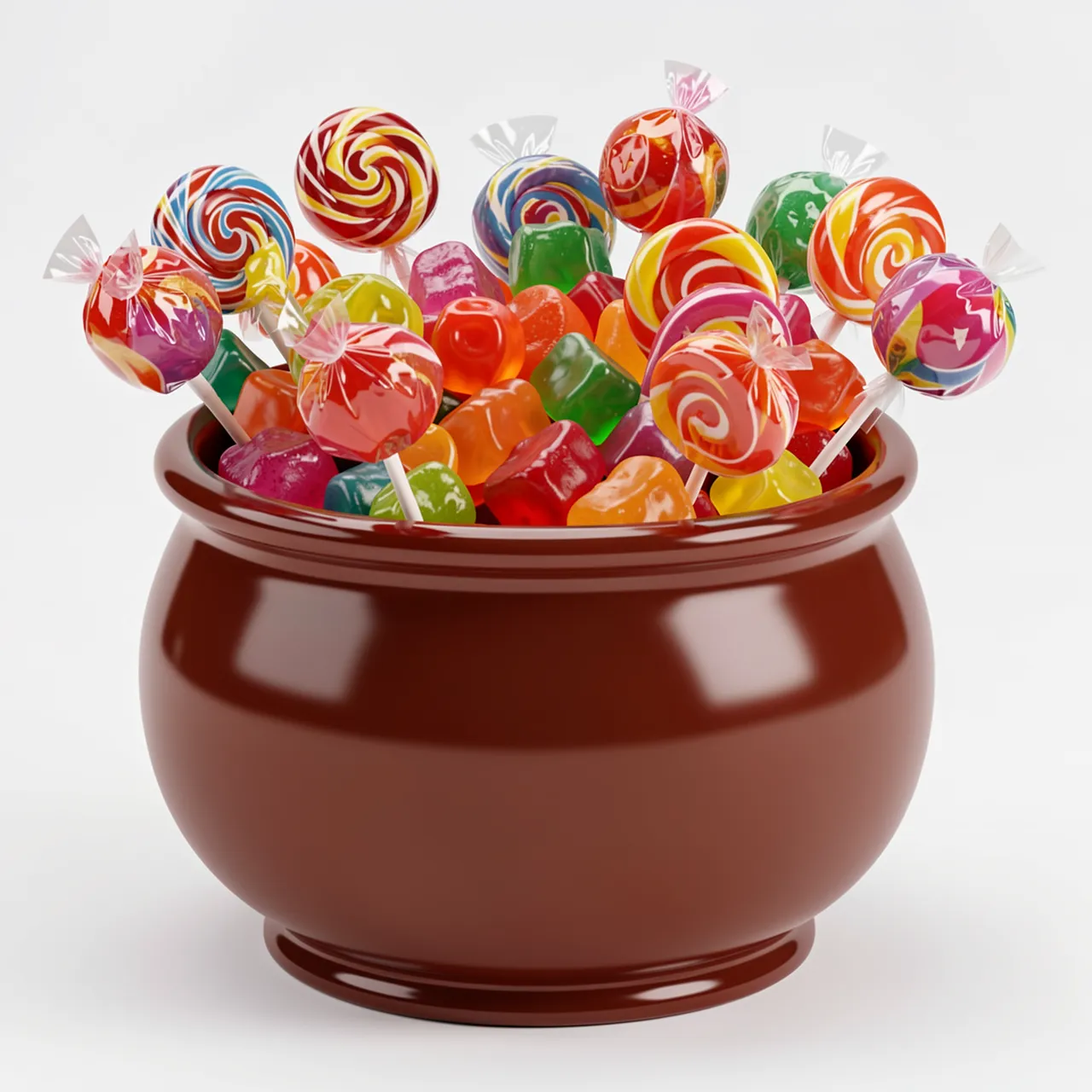 A glossy brown cauldron-shaped bowl overflowing with colorful lollipops and gummy candies