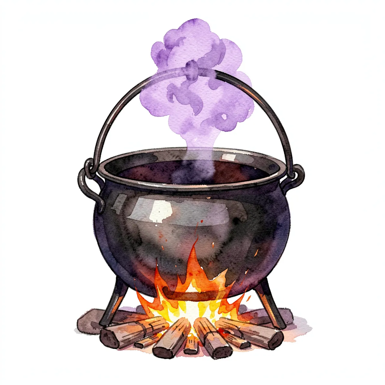 Watercolor illustration of an iron cauldron resting over a small fire with rising purple smoke on a white background