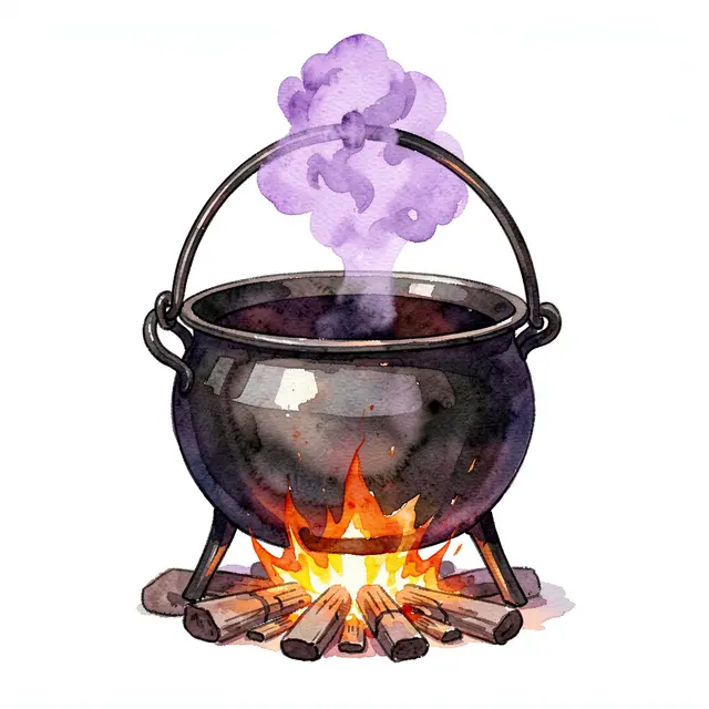 Watercolor illustration of an iron cauldron resting over a small fire with rising purple smoke on a white background