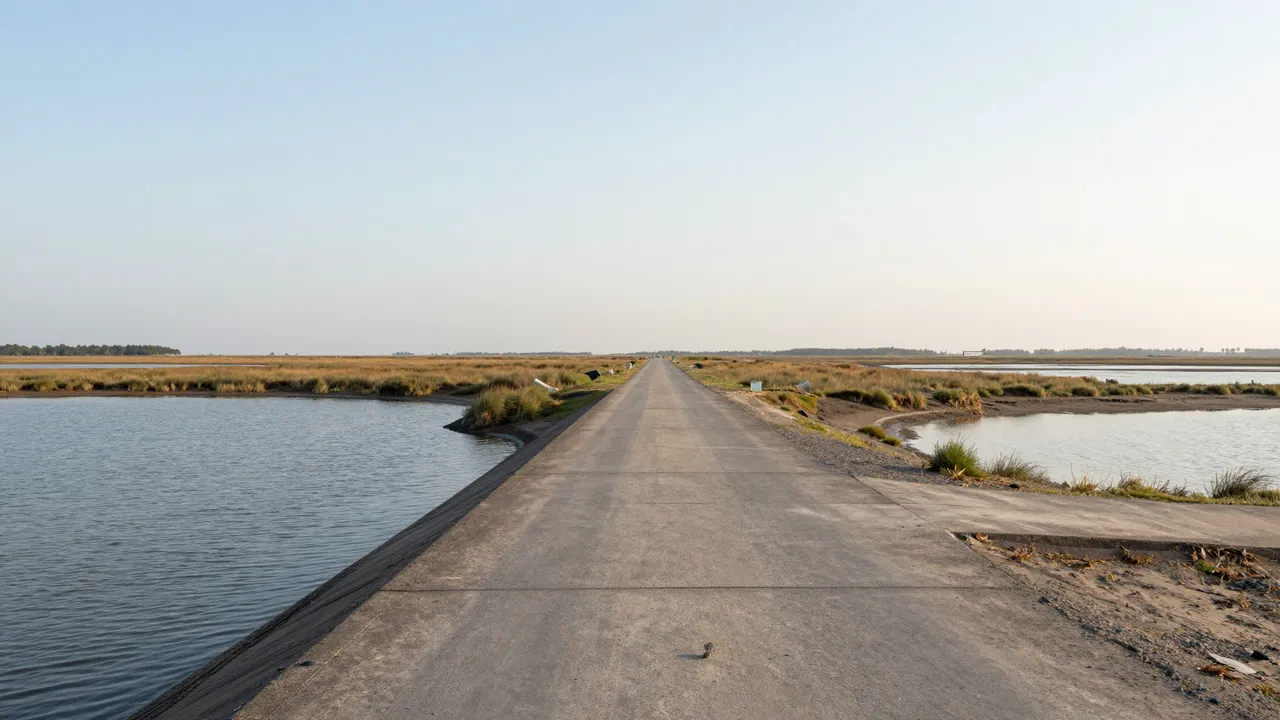 Long straight concrete causeway stretches through a tidal salt marsh under a pale soft morning sky