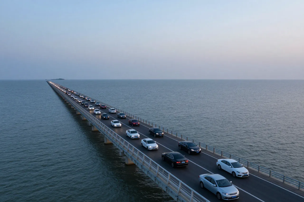 Aerial view of cars traveling along a long sea causeway at soft dusk