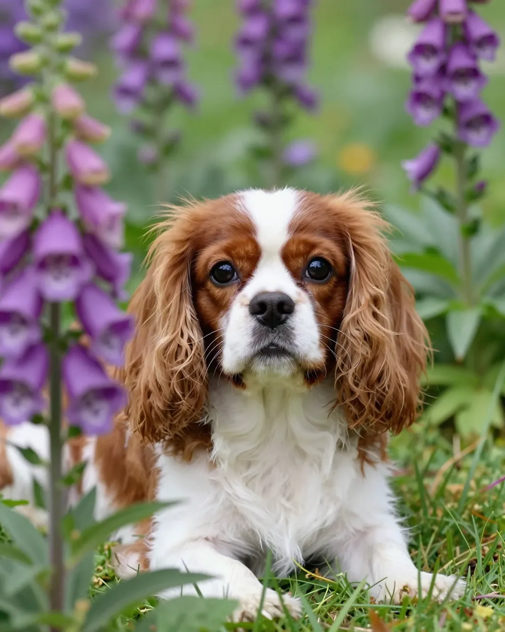 A Blenheim Cavalier King Charles Spaniel lies on grass among purple foxgloves in a sunny garden.
