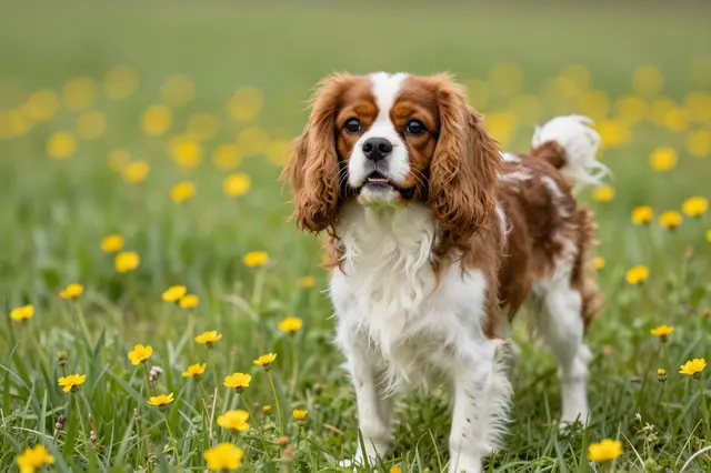 A ruby and white cavalier king charles spaniel stands alert in a sunlit meadow dotted with yellow buttercups.