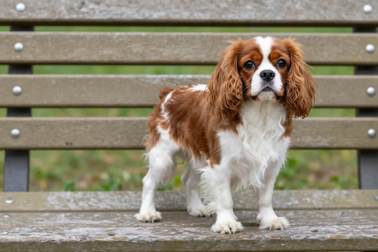 A brown and white cavalier king charles spaniel stands upright on a weathered wooden garden bench looking at the camera