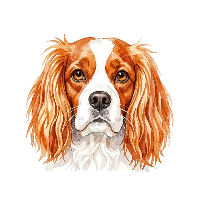 Watercolor portrait of a Cavalier King Charles Spaniel head with long feathered ears on a plain white background