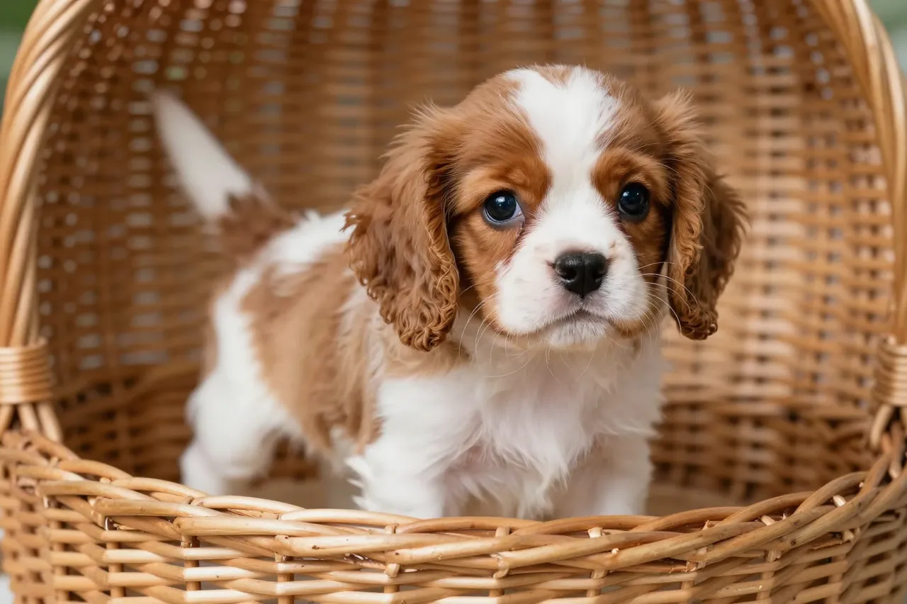 A fluffy Cavalier King Charles Spaniel puppy stands looking directly at the camera inside a woven wicker basket