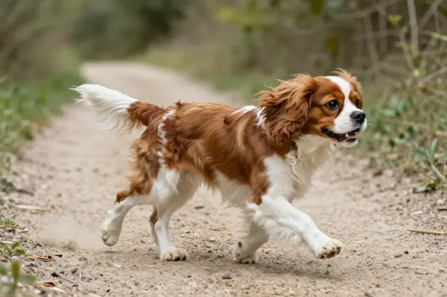 Side view of a Cavalier King Charles Spaniel trotting briskly along a sandy woodland track