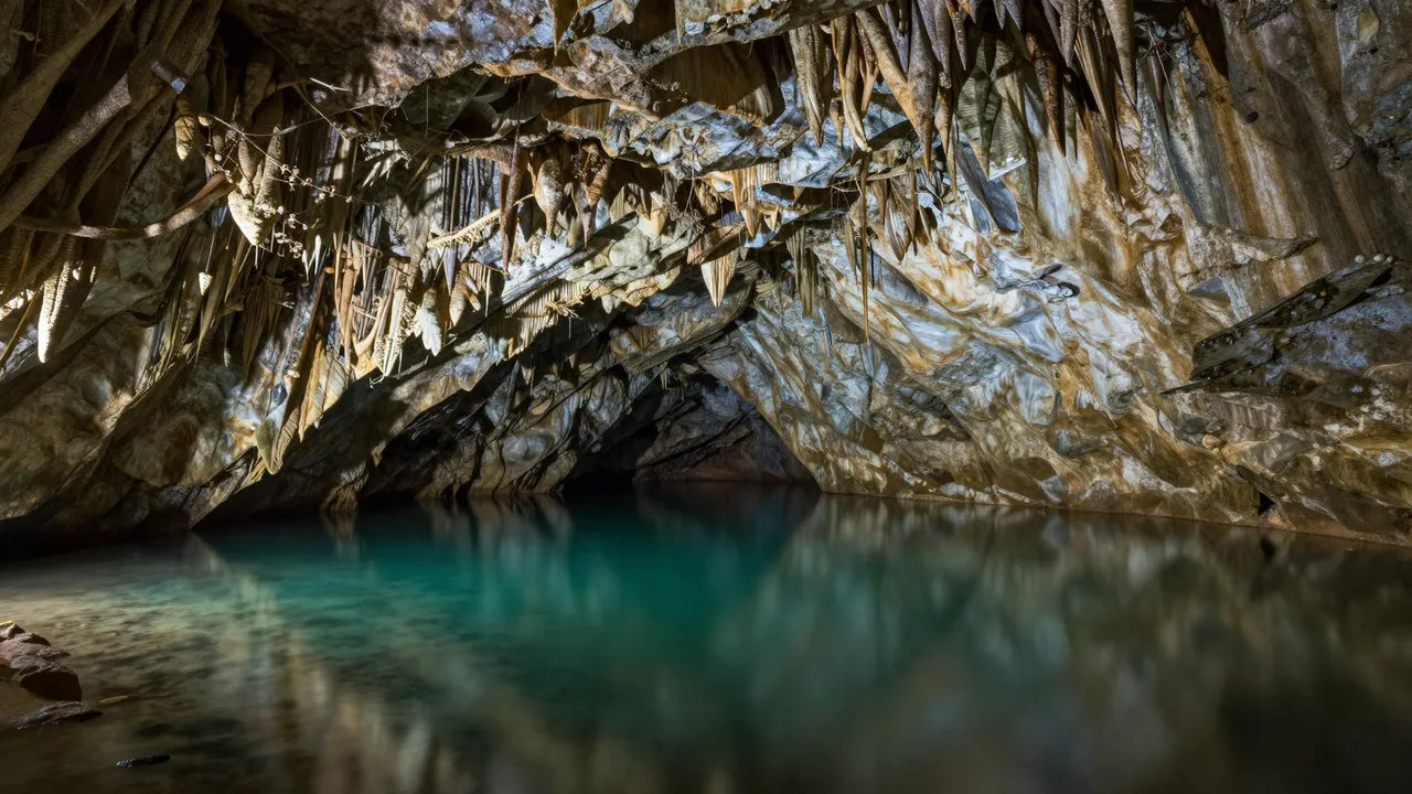 A rocky cave with hanging stalactites holds a calm turquoise underground lake that reflects the cavern walls