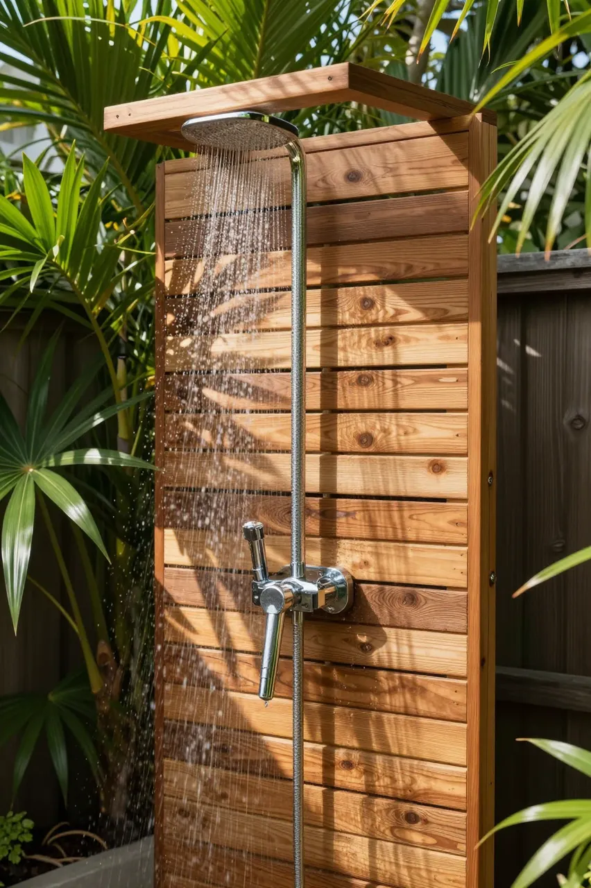 A cedar slat outdoor shower runs with water, surrounded by tropical plants in dappled sunlight