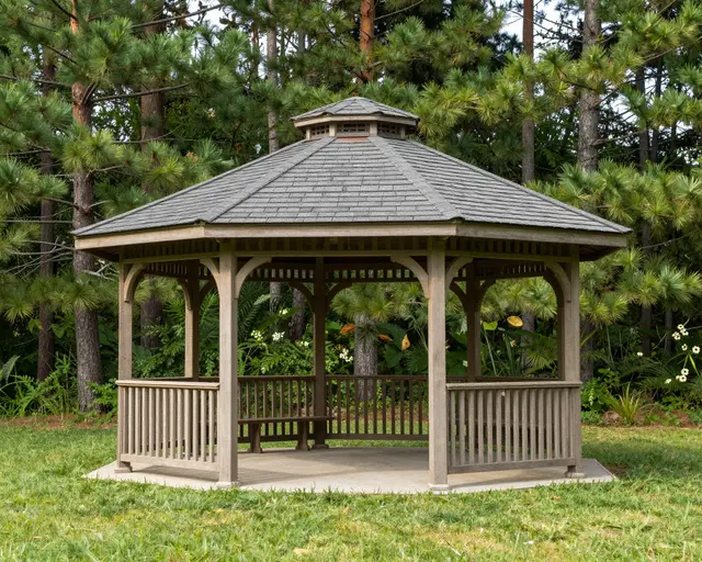 A wooden cedar gazebo with a shingled roof sits on a lawn surrounded by tall pine trees