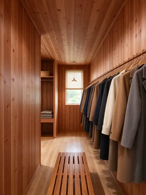 A tidy cedar lined walk-in closet with hanging wool coats, a slatted wooden bench and natural window light