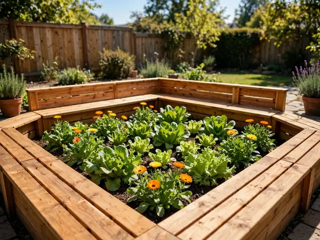 Square cedar raised garden bed with built-in benches holds lettuce and orange calendula in a sunny backyard