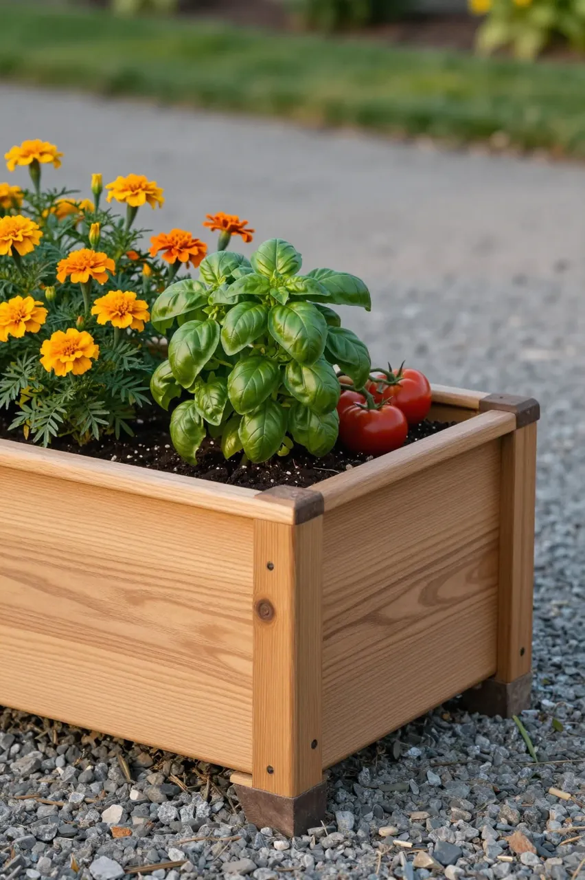Cedar raised garden bed holding basil, tomatoes and marigolds beside a gravel path in warm evening light