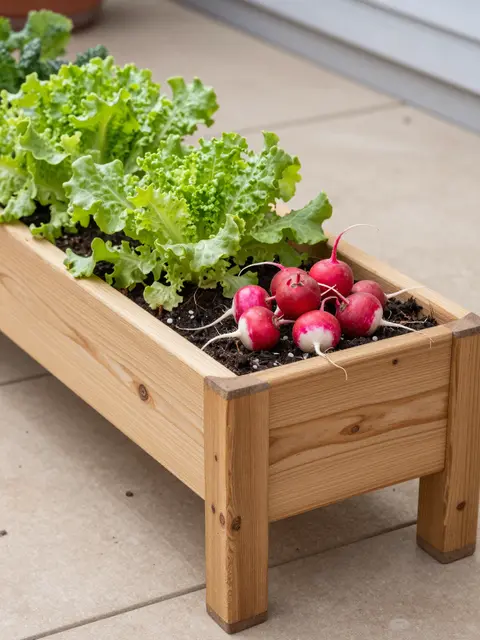 Elevated cedar planter with leaf lettuce and radishes sits on a sunny tiled deck