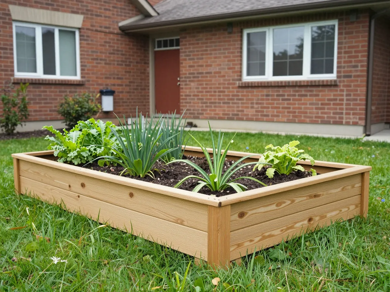 Light wooden raised vegetable bed sits on a lawn in front of a brick bungalow home.