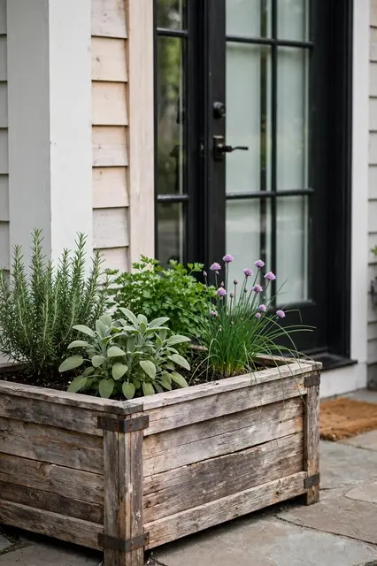 Weathered cedar raised herb planter holding rosemary, sage, parsley and flowering chives beside a home kitchen door.