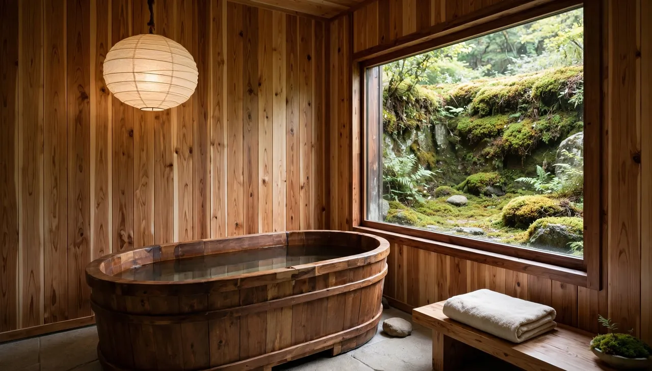 Warm cedar lined spa bathroom features a deep wooden tub, paper lantern, and window overlooking mossy greenery.