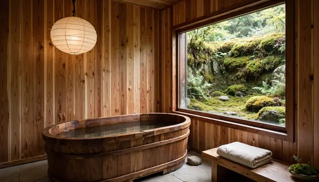 Warm cedar lined spa bathroom features a deep wooden tub, paper lantern, and window overlooking mossy greenery.