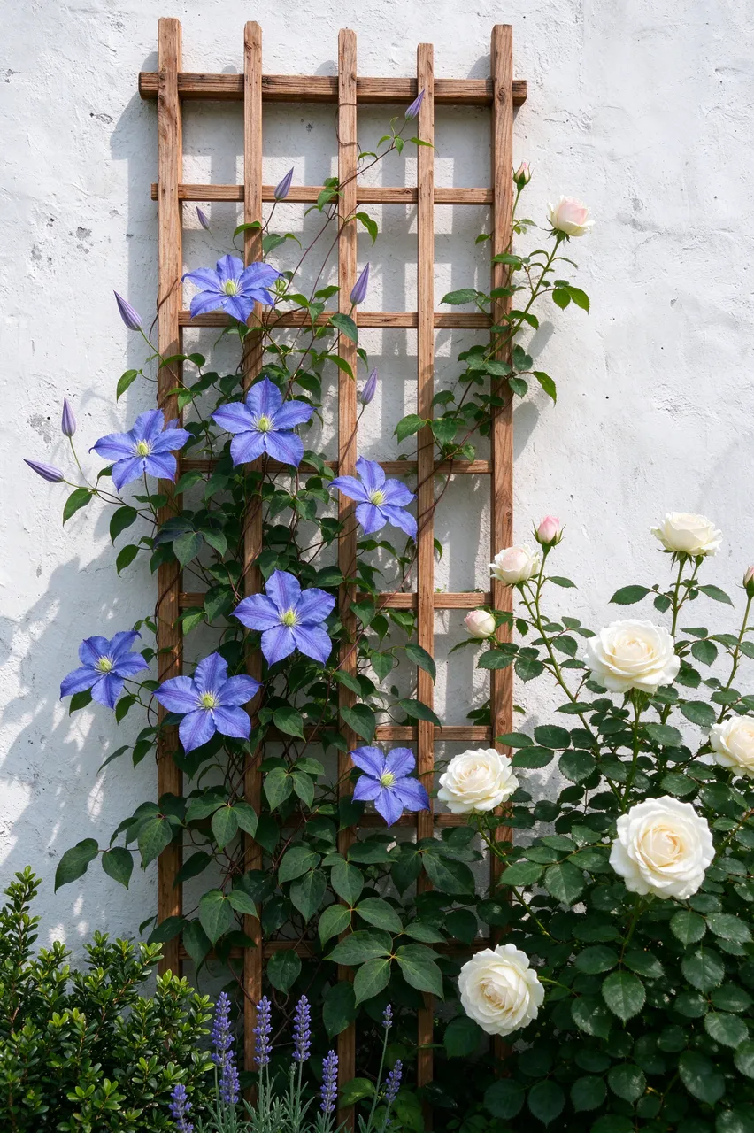 Blue clematis and white climbing roses grow on a wooden cedar trellis against a whitewashed garden wall.