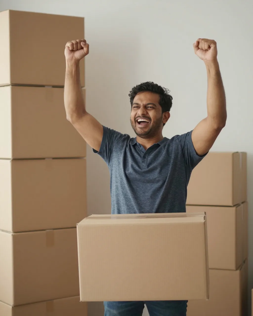 Excited South Asian man raises both fists in celebration surrounded by stacked plain cardboard shipping boxes