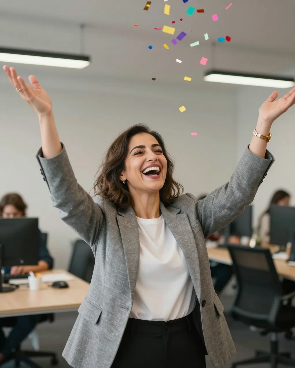 Laughing middle eastern businesswoman raises arms as colorful confetti falls around her in an open office