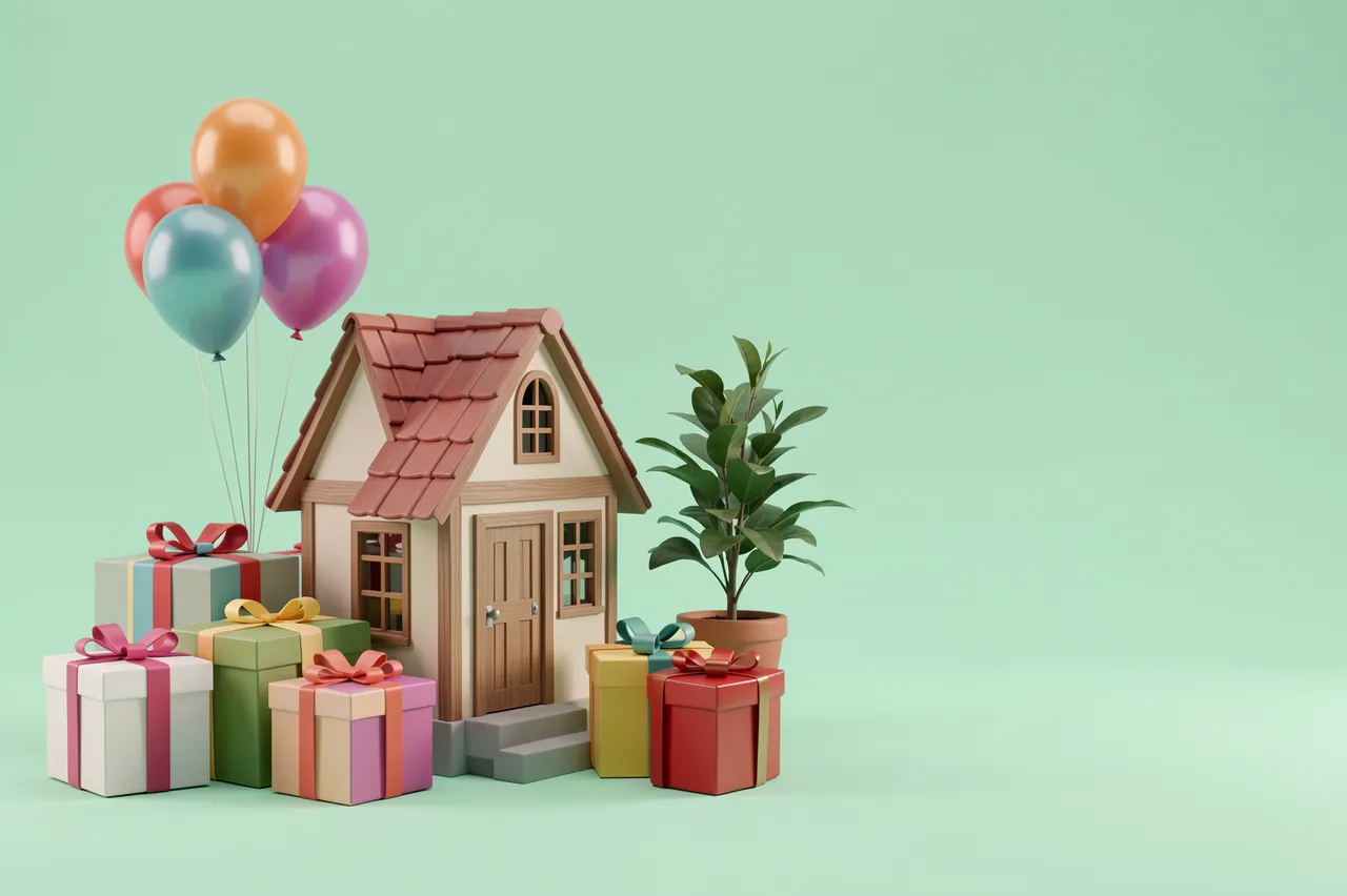 3D render of a tiny house surrounded by gift boxes, balloons, and a potted plant on a mint green backdrop with empty