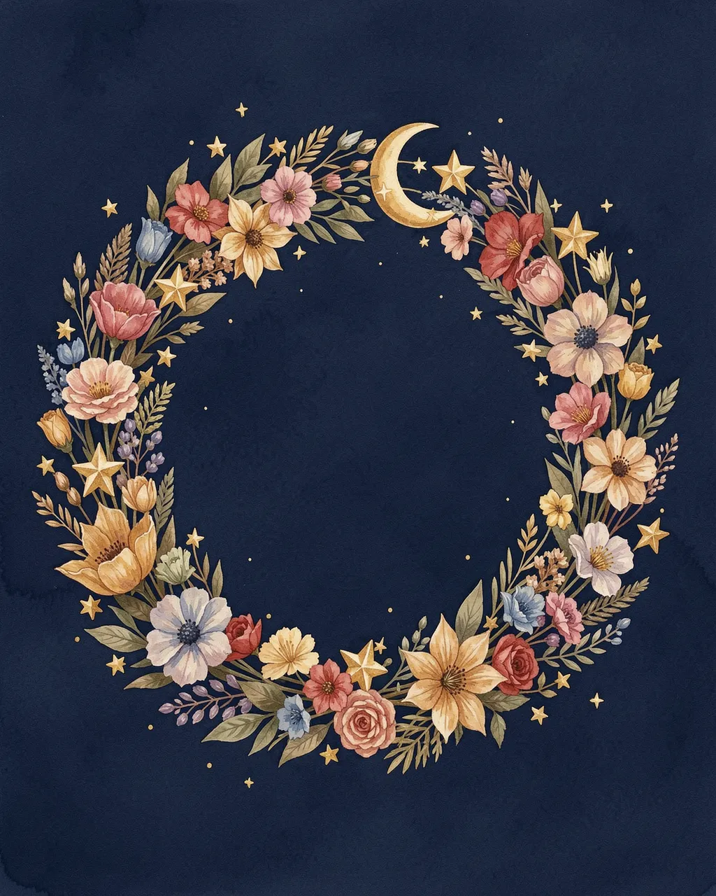 A gouache painted wreath of dried flowers, golden stars, and a crescent moon set against a deep navy background