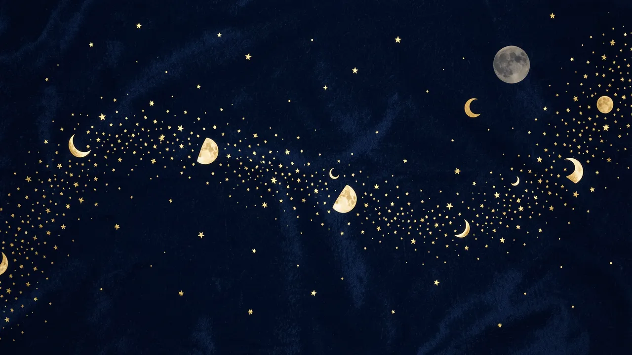 A curved band of tiny gold stars and moon phases stretches across a textured dark navy velvet background