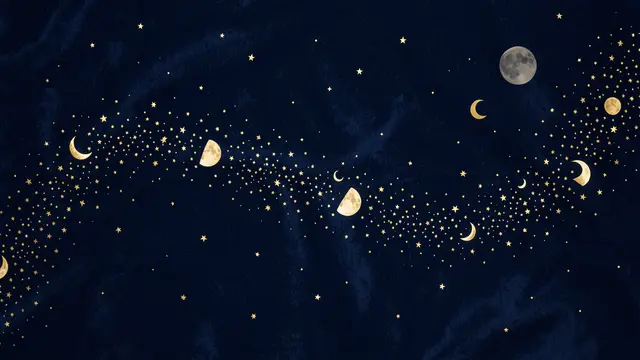 A curved band of tiny gold stars and moon phases stretches across a textured dark navy velvet background