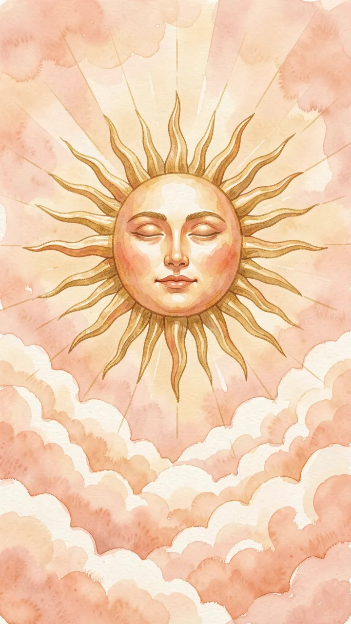Soft watercolor illustration of a serene anthropomorphic sun with closed eyes radiating over peach and gold clouds.