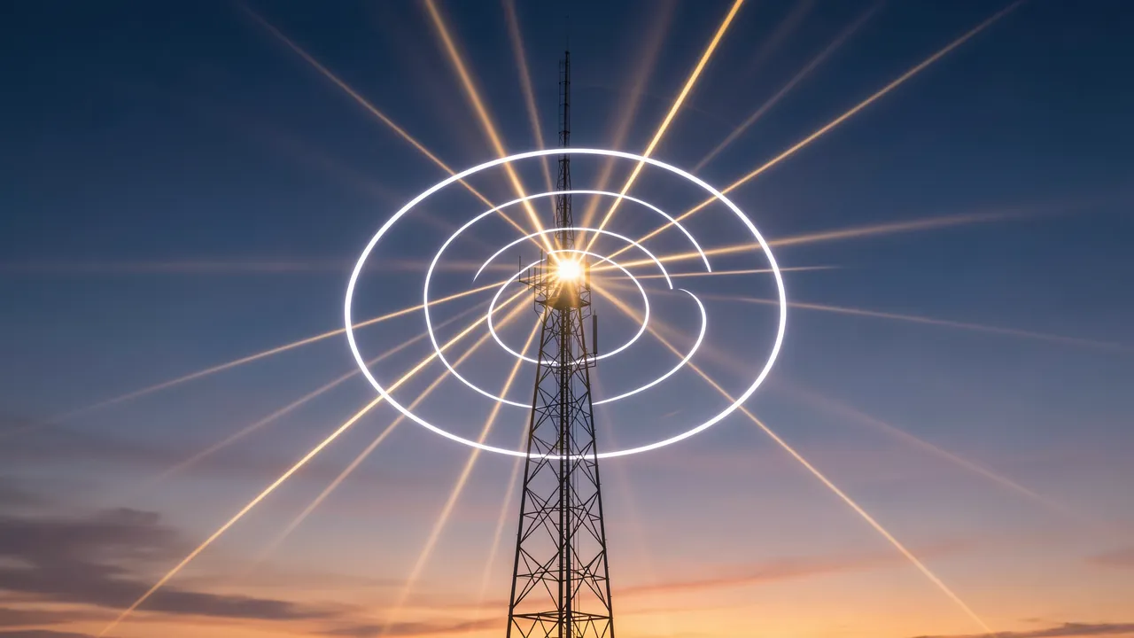 A tall communication antenna mast glows with radiating light signal rings against a twilight sunset sky