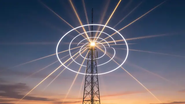 A tall communication antenna mast glows with radiating light signal rings against a twilight sunset sky